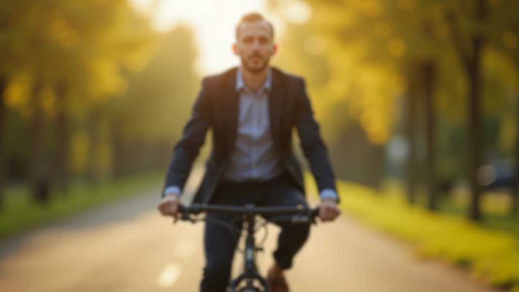 Fietser in formeel pak met ontspannen gezicht op rustige fietspad