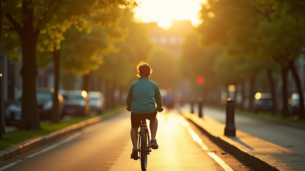 Fietser in Amsterdam fietst langs kanaal, zonnig weer, middag, groene bomen, beweging en aandacht