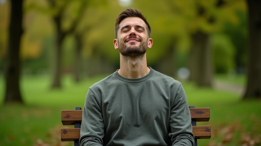 Man zit op bankje in groene park omgeving met ogen dicht in meditatie