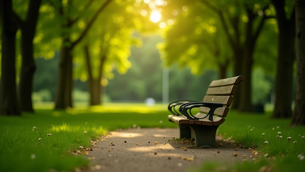 Groene parkruimte met bankje, zonlicht door bomen, stille plek in de stad, rust en natuur
