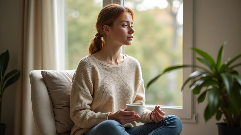 Persoon zit in ochtendlicht met kopje thee, mindful moment thuis, rustige huiskamer setting