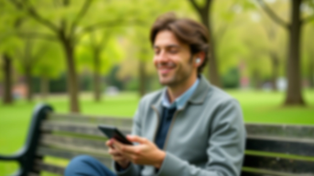 Persoon zittend in park op bankje, smartphone in hand, koptelefoon in, bomen op achtergrond