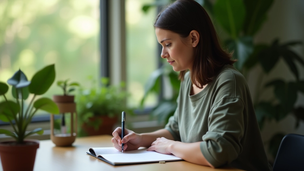 Persoon schrijft in dagboek in rustige omgeving, bezinning en reflectie, persoonlijke groei moment