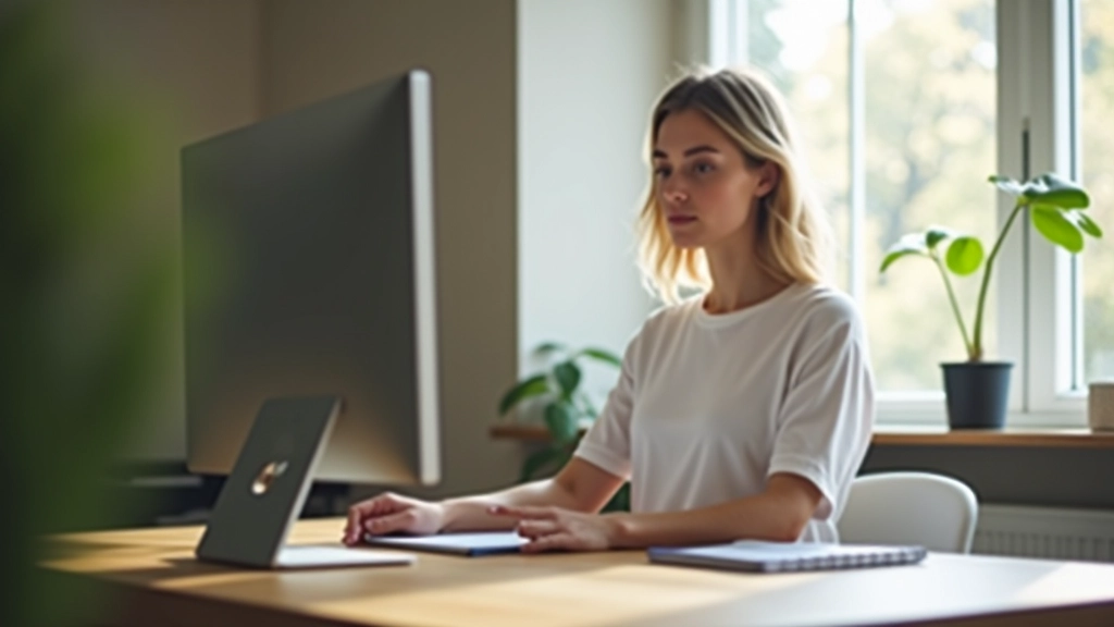 Laptop scherm met meditatie app, werkplek thuis, natuurlijk daglicht