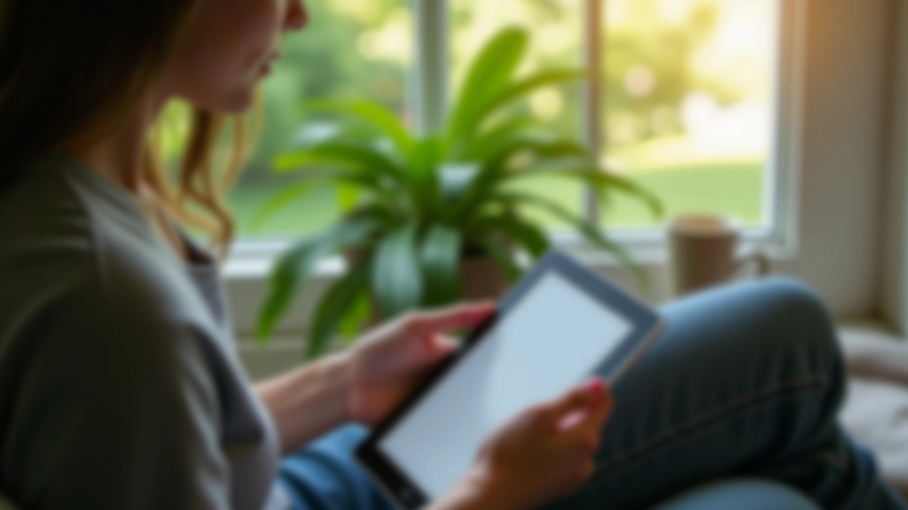 Iemand leest gids op tablet in groene omgeving met koffie