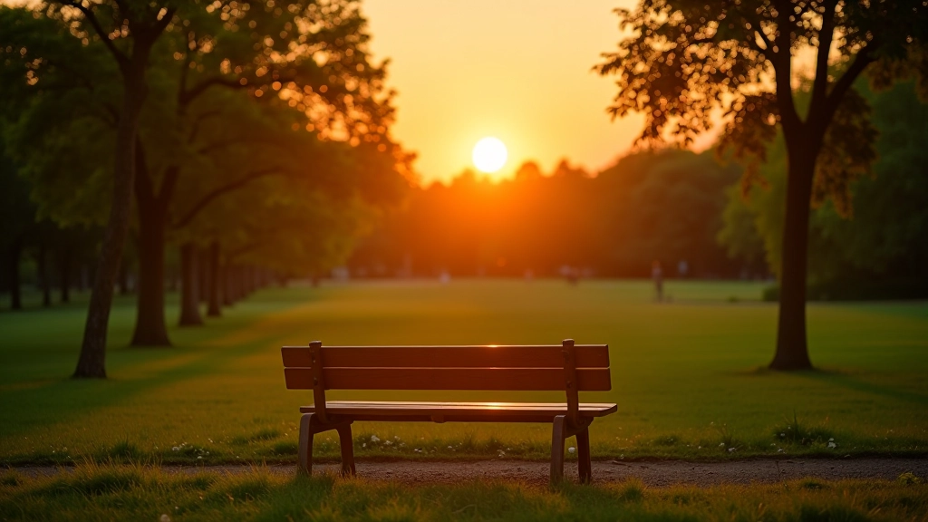 Zonsondergang in park met bankje waar iemand kan mediteren tussen de bomen