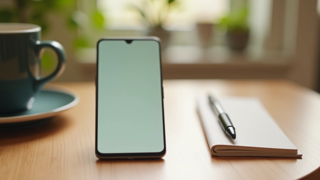 Smartphone op bureau met meditatie-app open, koffie en notitieboek erbij, rustige werkplek, daglicht