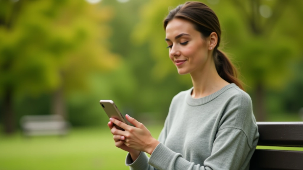 Vrouw met smartphone, ontspannen in park, ochtendlicht, minimalistisch