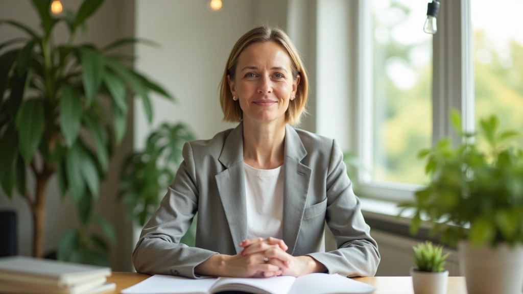 Marieke van den Berg werkt in een moderne kantooromgeving met groene planten, aan een bureau met notitieboeken en mindfulness-materialen